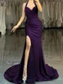 Sheath Halter Pleated Court Train Jersey Dress