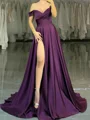A-line Off-the-Shoulder Pleated Sweep Train Silk Like Satin Dress