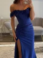 Sheath Off-the-Shoulder Pleated Sweep Train Silk Like Satin Corset Dress