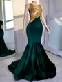 Mermaid Illusion Beading Sweep Train Silk Like Satin Dress