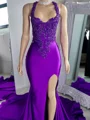 Sheath Halter Appliques Lace Chapel Train Silk like Satin Dress