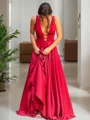 A-Line/Princess V-neck Sweep Train Silk Like Satin Evening Dresses With Ruffles
