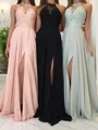 A-Line/Princess Halter Sweep Train Chiffon Evening Dresses With Leg Slit