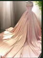 Ball Gown Sweetheart Cathedral Train Satin Evening Dresses With Appliques Lace