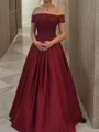 Ball Gown Off-the-Shoulder Floor-Length Satin Evening Dresses With Appliques Lace