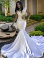 Trumpet/Mermaid V-neck Chapel Train Silk Like Satin Evening Dresses With Beading
