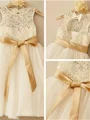 A-Line/Princess Scoop Knee-Length Tulle Flower Girl Dresses With Belt/Sash