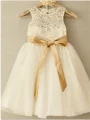 A-Line/Princess Scoop Knee-Length Tulle Flower Girl Dresses With Belt/Sash
