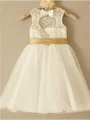 A-Line/Princess Scoop Knee-Length Tulle Flower Girl Dresses With Belt/Sash