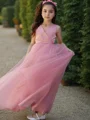 A-Line/Princess V-neck Floor-Length Tulle Flower Girl Dresses With Bow