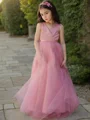A-Line/Princess V-neck Floor-Length Tulle Flower Girl Dresses With Bow