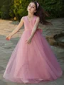 A-Line/Princess V-neck Floor-Length Tulle Flower Girl Dresses With Bow