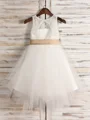 A-Line/Princess Scoop Tea-Length Tulle Flower Girl Dresses With Belt/Sash