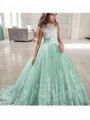 Ball Gown Jewel Sweep Train Tulle Flower Girl Dresses With Lace