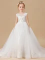 Ball Gown Scoop Sweep Train Tulle Flower Girl Dresses With Appliques Lace