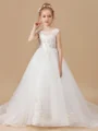 Ball Gown Scoop Sweep Train Tulle Flower Girl Dresses With Appliques Lace
