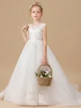 Ball Gown Scoop Sweep Train Tulle Flower Girl Dresses With Appliques Lace
