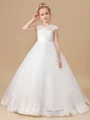 Ball Gown V-neck Sweep Train Tulle Flower Girl Dresses With Lace