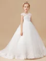 Ball Gown V-neck Sweep Train Tulle Flower Girl Dresses With Lace