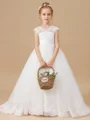 Ball Gown V-neck Sweep Train Tulle Flower Girl Dresses With Lace