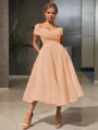  A-line/princess Off-the-Shoulder Tea-length Organza Homecoming Dress 