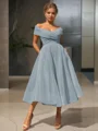  A-line/princess Off-the-Shoulder Tea-length Organza Homecoming Dress 