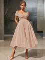  A-line/princess Off-the-Shoulder Tea-length Organza Homecoming Dress 