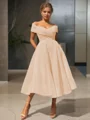  A-line/princess Off-the-Shoulder Tea-length Organza Homecoming Dress 