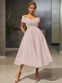  A-line/princess Off-the-Shoulder Tea-length Organza Homecoming Dress 