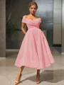  A-line/princess Off-the-Shoulder Tea-length Organza Homecoming Dress 