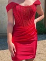 Sheath/Column Off-the-Shoulder Corset Short/Mini Silk Like Satin Homecoming Dresses