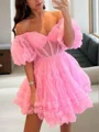 A-Line/Princess Off-the-Shoulder Corset Short/Mini Tulle Homecoming Dresses With Ruffles