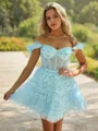 A-line/Princess Off-the-Shoulder Knee-Length Tulle Homecoming Dress with Cascading Ruffles