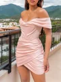 Sheath Off-the-Shoulder Pleated Short/Mini Silk Like Satin Dress