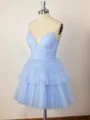 A-line Tulle Spaghetti Straps Ruffles Short/Mini Dress