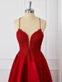 A-line Satin Red Spaghetti Straps Appliques Lace Corset Short/Mini Dress