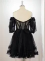 A-line Short Sleeves Tulle Off-the-Shoulder Ruffles Corset Short/Mini Dress
