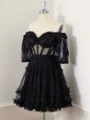A-line Short Sleeves Tulle Off-the-Shoulder Ruffles Corset Short/Mini Dress