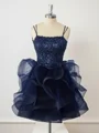 A-line Tulle Spaghetti Straps Cascading Ruffles Short/Mini Dress