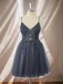 A-line Tulle V-neck Beading Short/Mini Dress