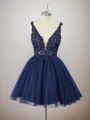A-line Tulle V-neck Appliques Lace Short/Mini Dress
