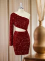 Sheath Long Sleeves Velvet Sequins One-Shoulder Short/Mini Dress