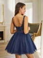 A-line V-neck Appliques Lace Short/Mini Tulle Dress