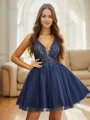A-line V-neck Appliques Lace Short/Mini Tulle Dress