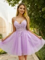 A-line V-neck Appliques Lace Short/Mini Tulle Corset Dress