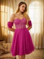 A-line Sweetheart Short Sleeves Appliques Lace Short/Mini 30D Chiffon Corset Convertible Dress