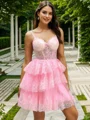 Ball-Gown V-neck Appliques Lace Short/Mini Tulle Corset Dress