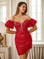 Sheath Spaghetti Straps Short Sleeves Sequin Short/Mini Lace Corset Convertible Dress