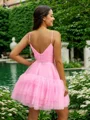 A-line V-neck Cascading Ruffles Short/Mini Tulle Dress