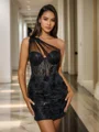 Sheath One-Shoulder Appliques Lace Short/Mini Tulle Corset Dress